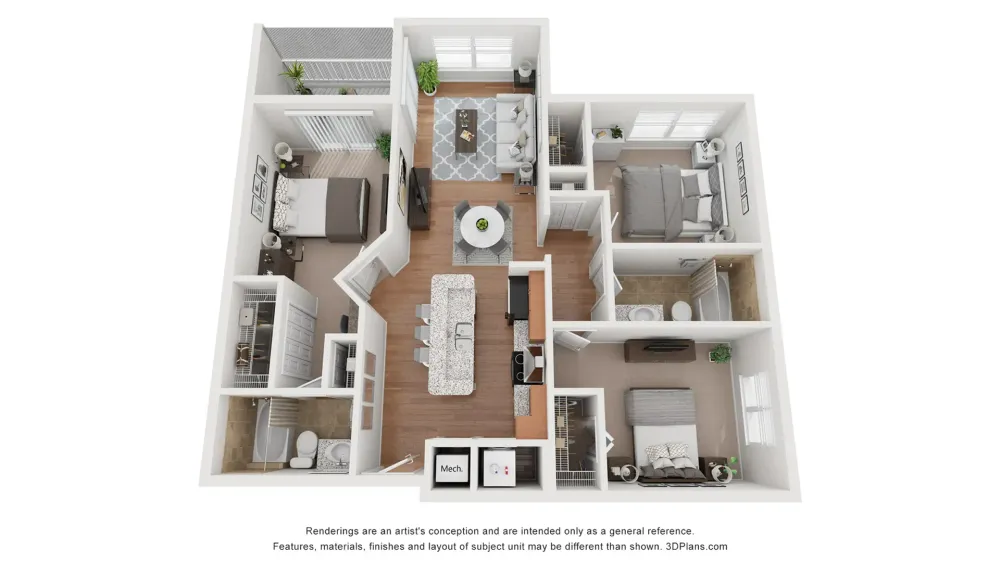 The Magnolia is a 3-bedroom apartment.